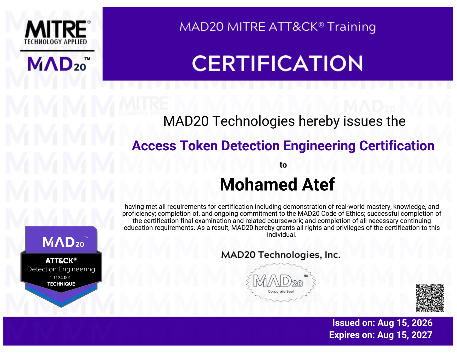 Access Token Detection Engineering certificate issued to Mohamed Atef